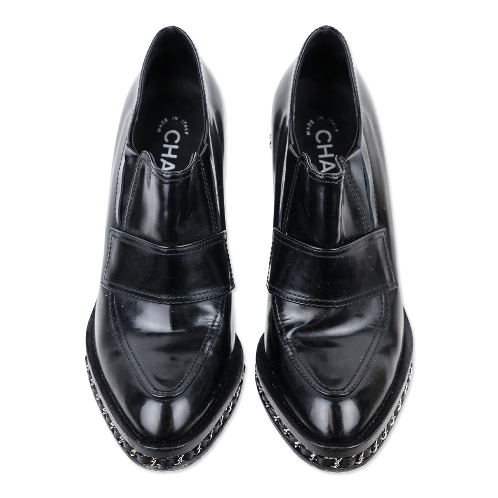 Chanel 2013 Black Patent Leather Chain Loafer Pumps