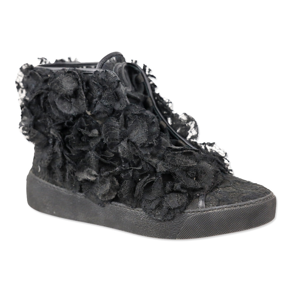Chanel 2014 Black Camellia Flower Mesh Lace Hi-Top Sneakers