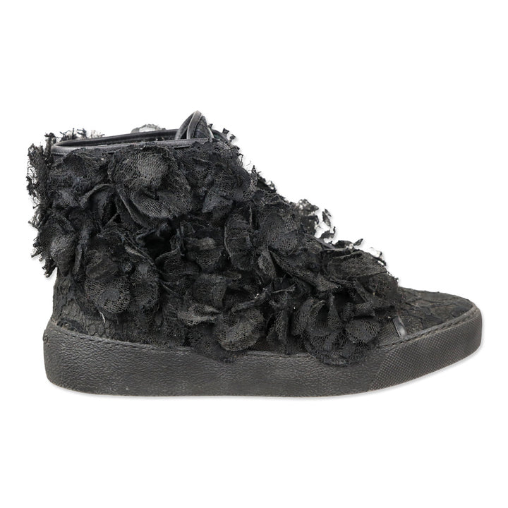 Chanel 2014 Black Camellia Flower Mesh Lace Hi-Top Sneakers