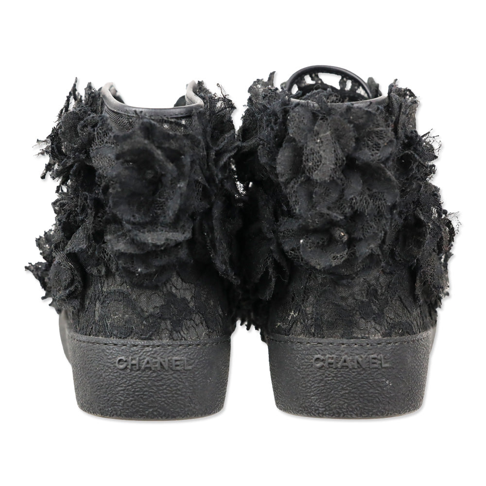 Chanel 2014 Black Camellia Flower Mesh Lace Hi-Top Sneakers