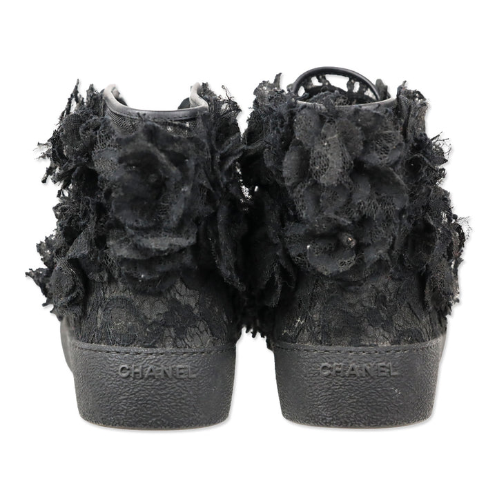 Chanel 2014 Black Camellia Flower Mesh Lace Hi-Top Sneakers