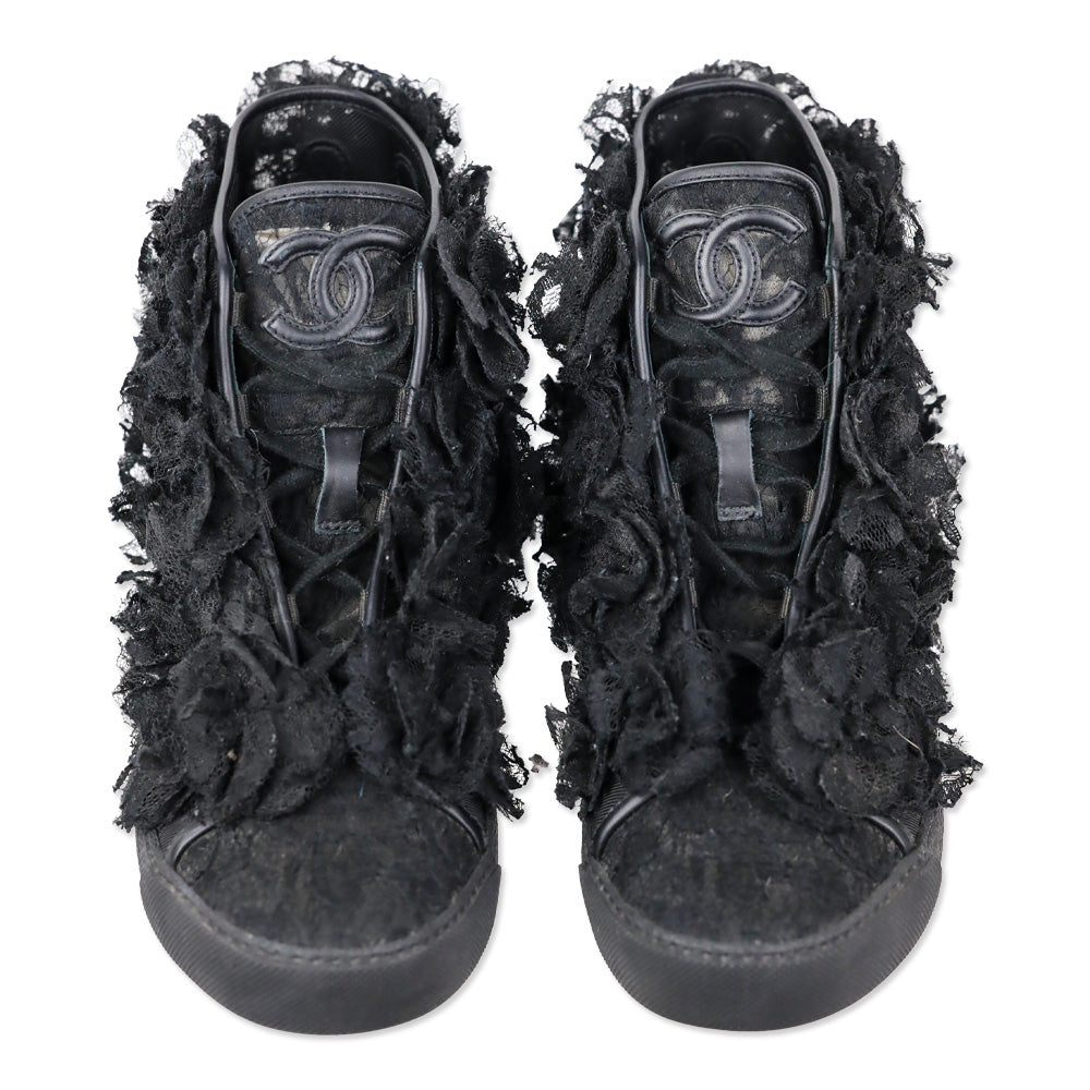 Chanel 2014 Black Camellia Flower Mesh Lace Hi-Top Sneakers