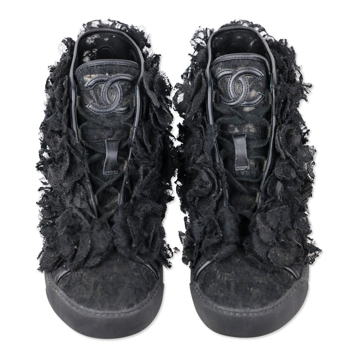 Chanel 2014 Black Camellia Flower Mesh Lace Hi-Top Sneakers