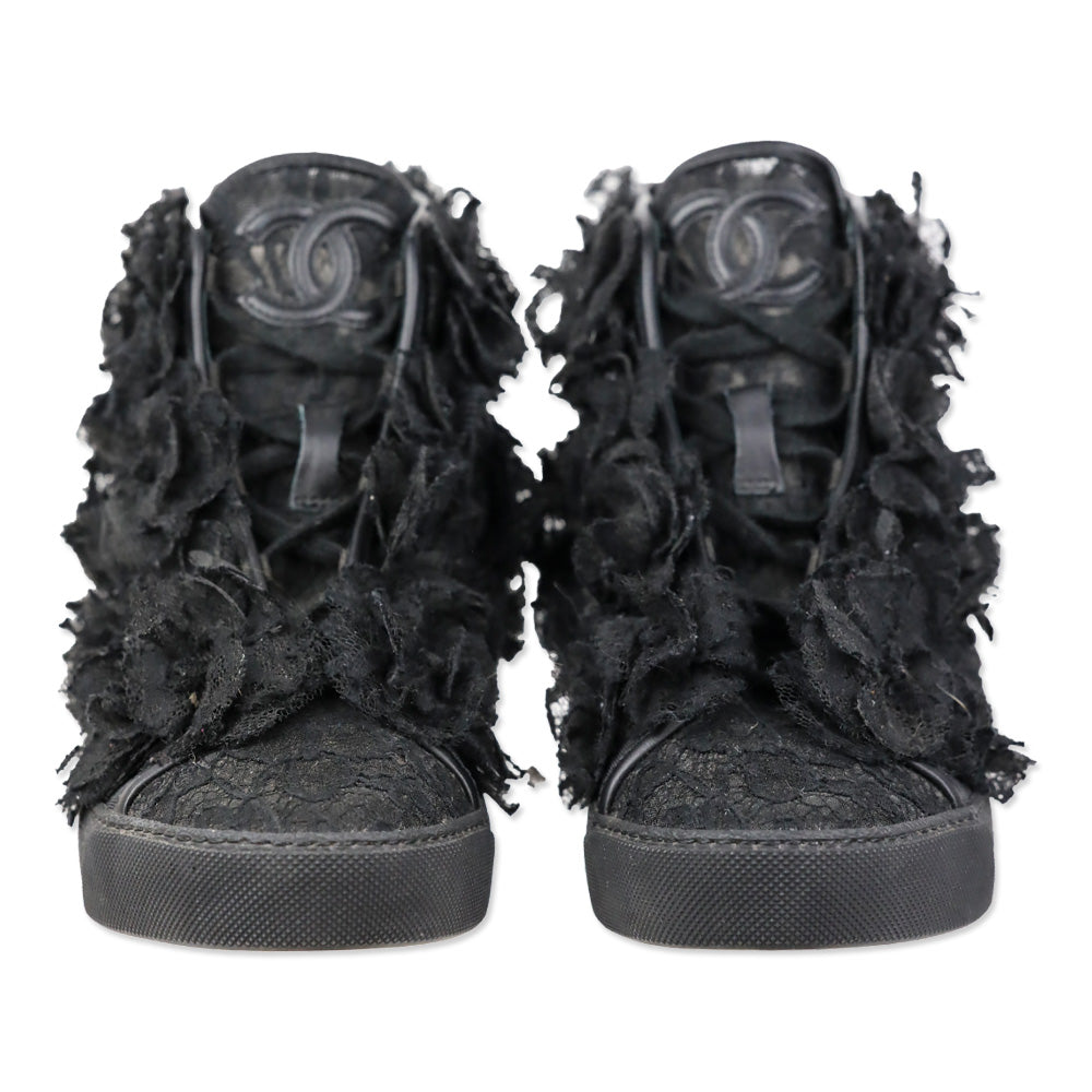 Chanel 2014 Black Camellia Flower Mesh Lace Hi-Top Sneakers