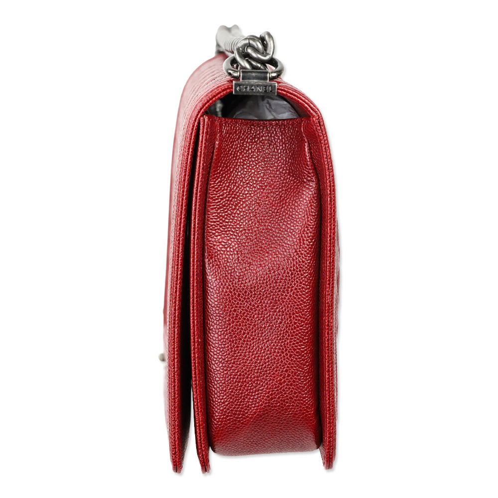 Chanel 2014 Burgundy Quilted Caviar Leather Large Boy Bag with Ruthenium Hardware