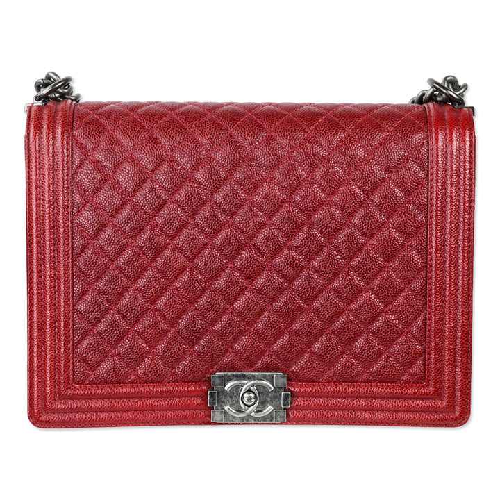 Chanel 2014 Burgundy Quilted Caviar Leather Large Boy Bag with Ruthenium Hardware