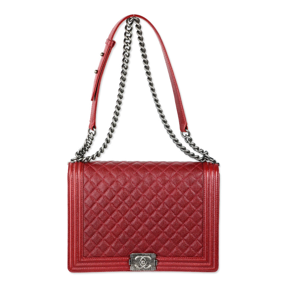 Chanel 2014 Burgundy Quilted Caviar Leather Large Boy Bag with Ruthenium Hardware