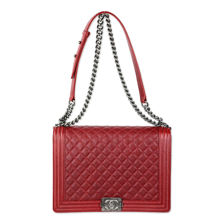 Chanel 2014 Burgundy Quilted Caviar Leather Large Boy Bag with Ruthenium Hardware