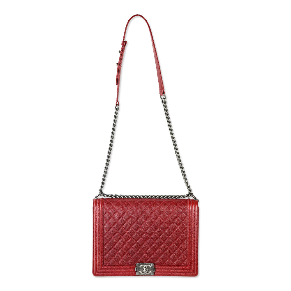 Chanel 2014 Burgundy Quilted Caviar Leather Large Boy Bag with Ruthenium Hardware