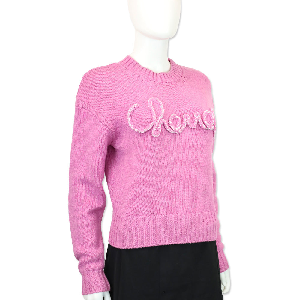 Chanel 2020 Pink Cashmere Knit Pearl Logo Crewneck Sweater