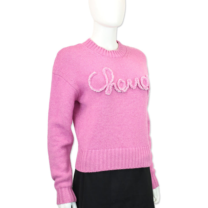 Chanel 2020 Pink Cashmere Knit Pearl Logo Crewneck Sweater