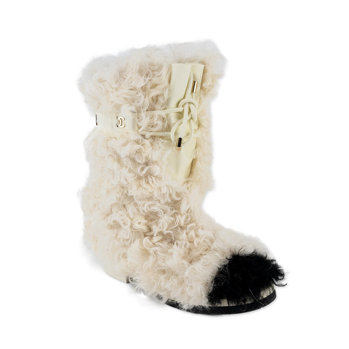 Chanel 2021 Shearling Sheepskin and Leather Lace up Boots