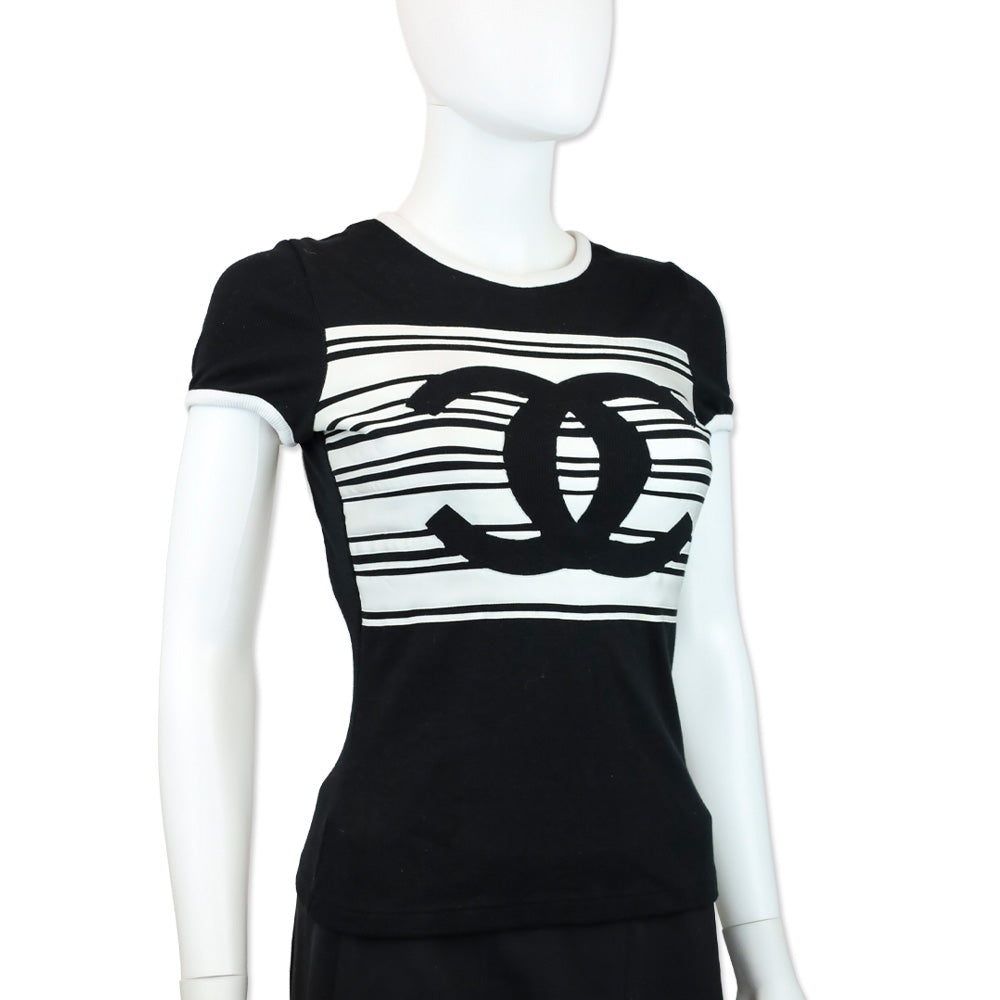 Chanel 2023 Black/White Stripe Cotton Graphic Print T Shirt