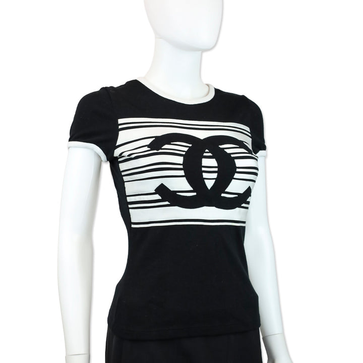 Chanel 2023 Black/White Stripe Cotton Graphic Print T Shirt