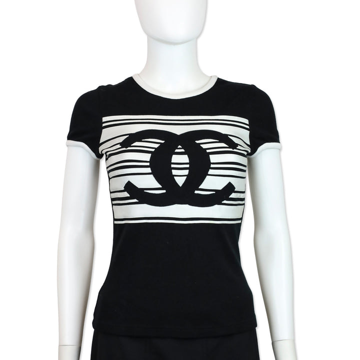 Chanel 2023 Black/White Stripe Cotton Graphic Print T Shirt