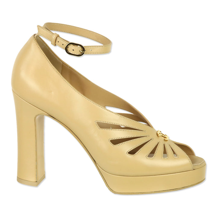 Chanel 2024 Beige Lambskin Leather Ankle Strap Platform Sandals