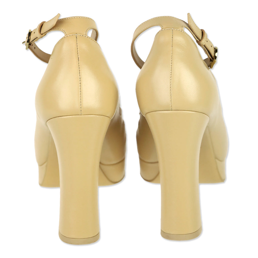 Chanel 2024 Beige Lambskin Leather Ankle Strap Platform Sandals