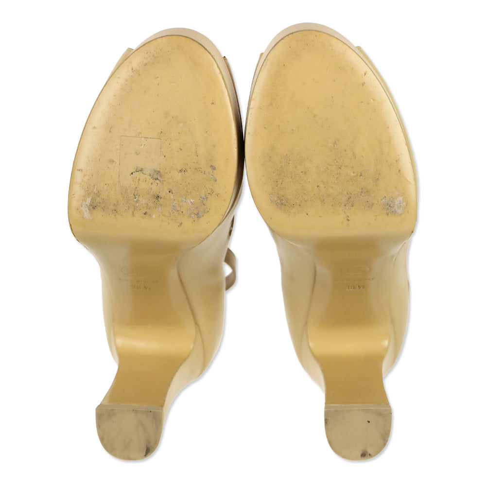 Chanel 2024 Beige Lambskin Leather Ankle Strap Platform Sandals
