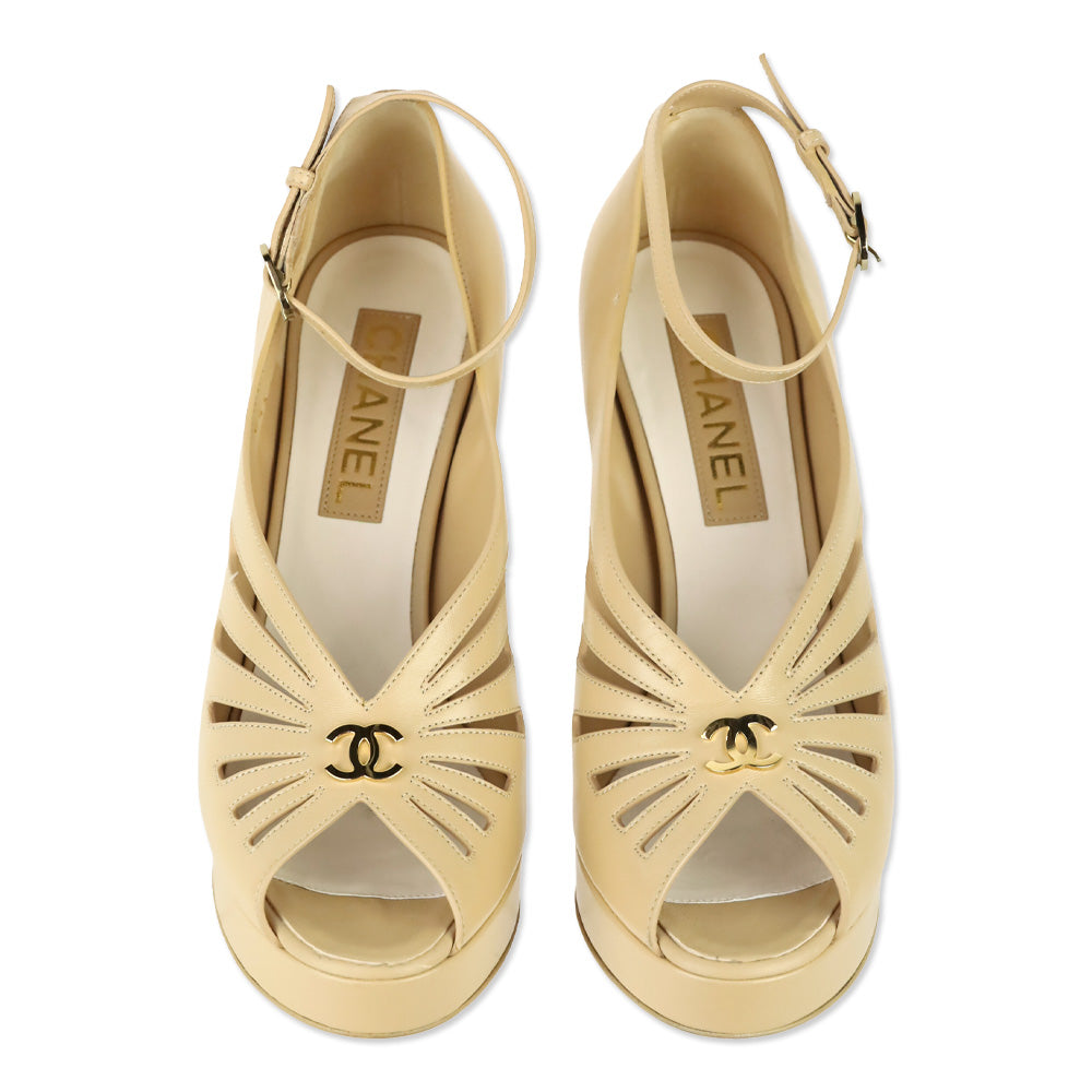 Chanel 2024 Beige Lambskin Leather Ankle Strap Platform Sandals