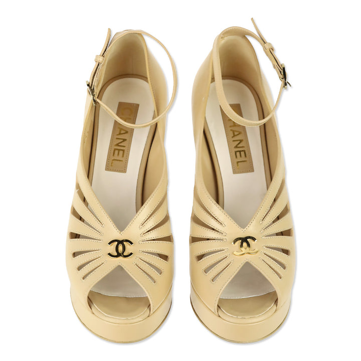 Chanel 2024 Beige Lambskin Leather Ankle Strap Platform Sandals