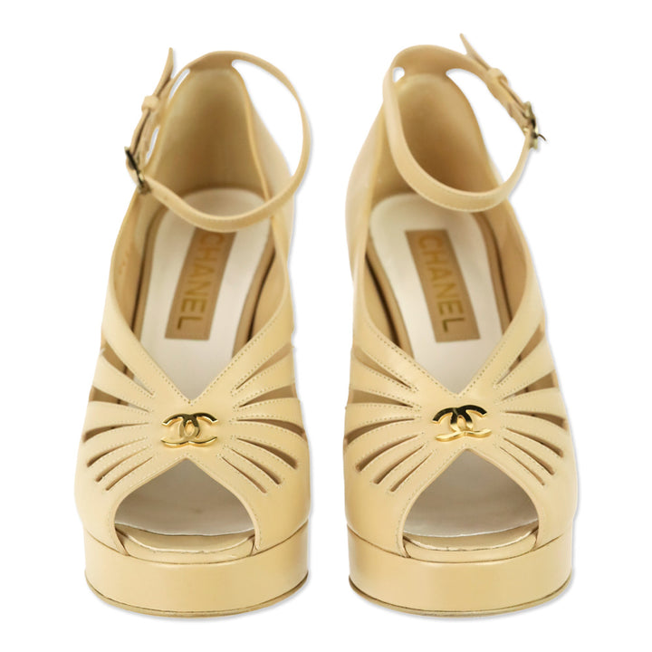 Chanel 2024 Beige Lambskin Leather Ankle Strap Platform Sandals