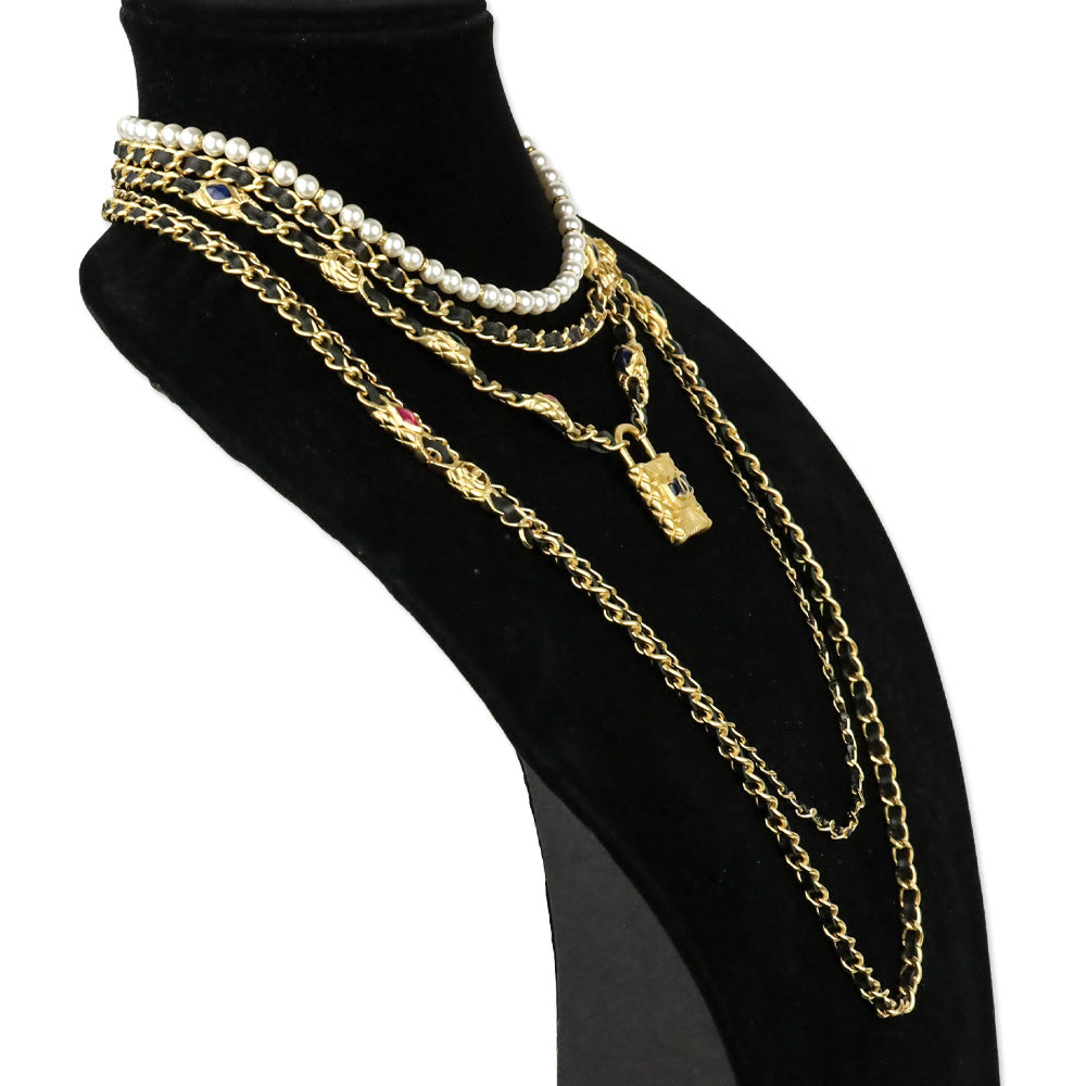 Chanel 20A Gripoix Leather Gold-Tone Chain Multi-Strand Necklace