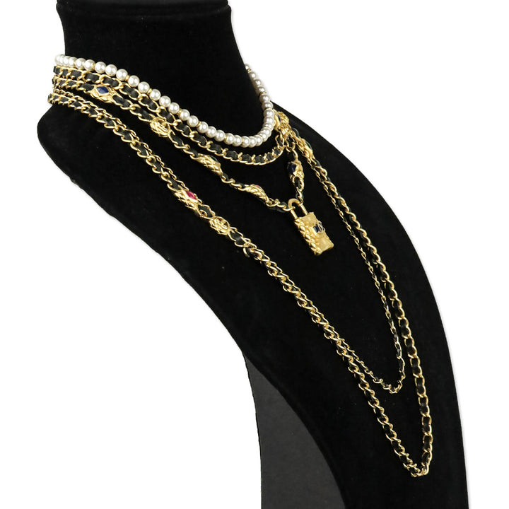 Chanel 20A Gripoix Leather Gold-Tone Chain Multi-Strand Necklace