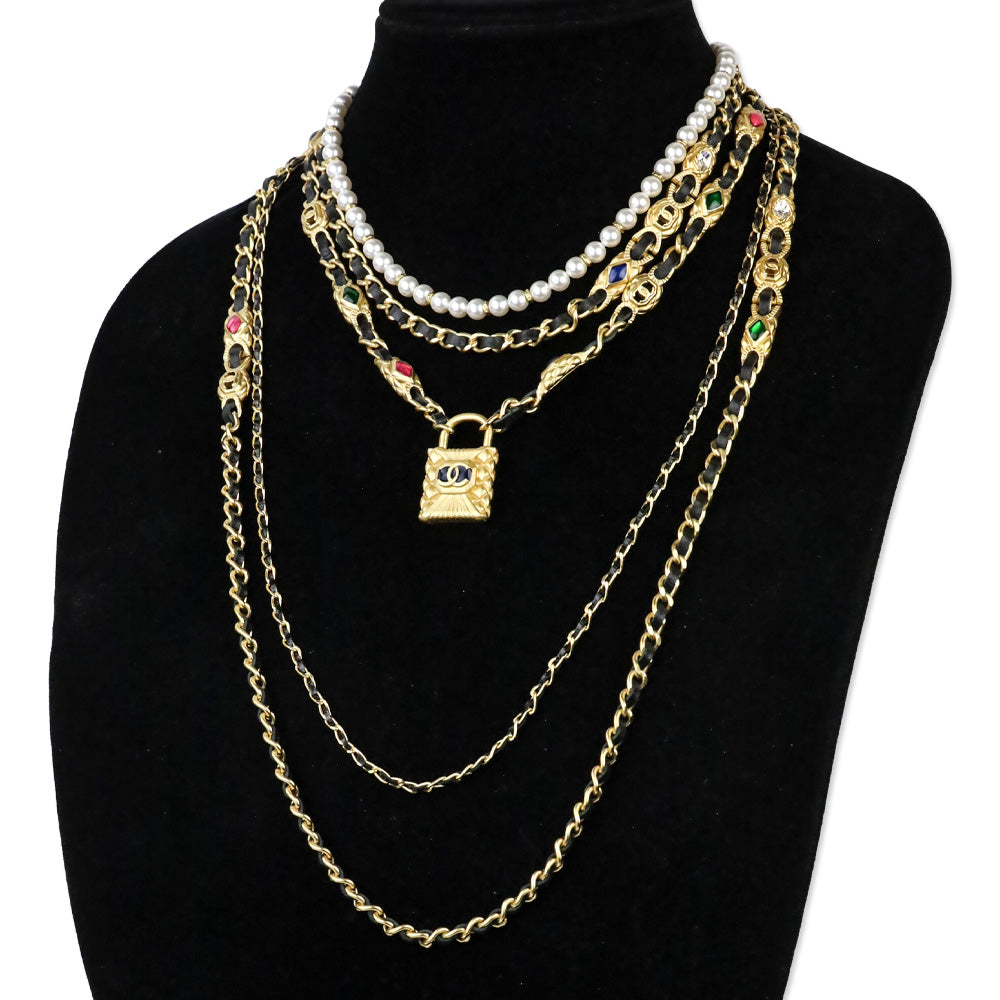 Chanel 20A Gripoix Leather Gold-Tone Chain Multi-Strand Necklace