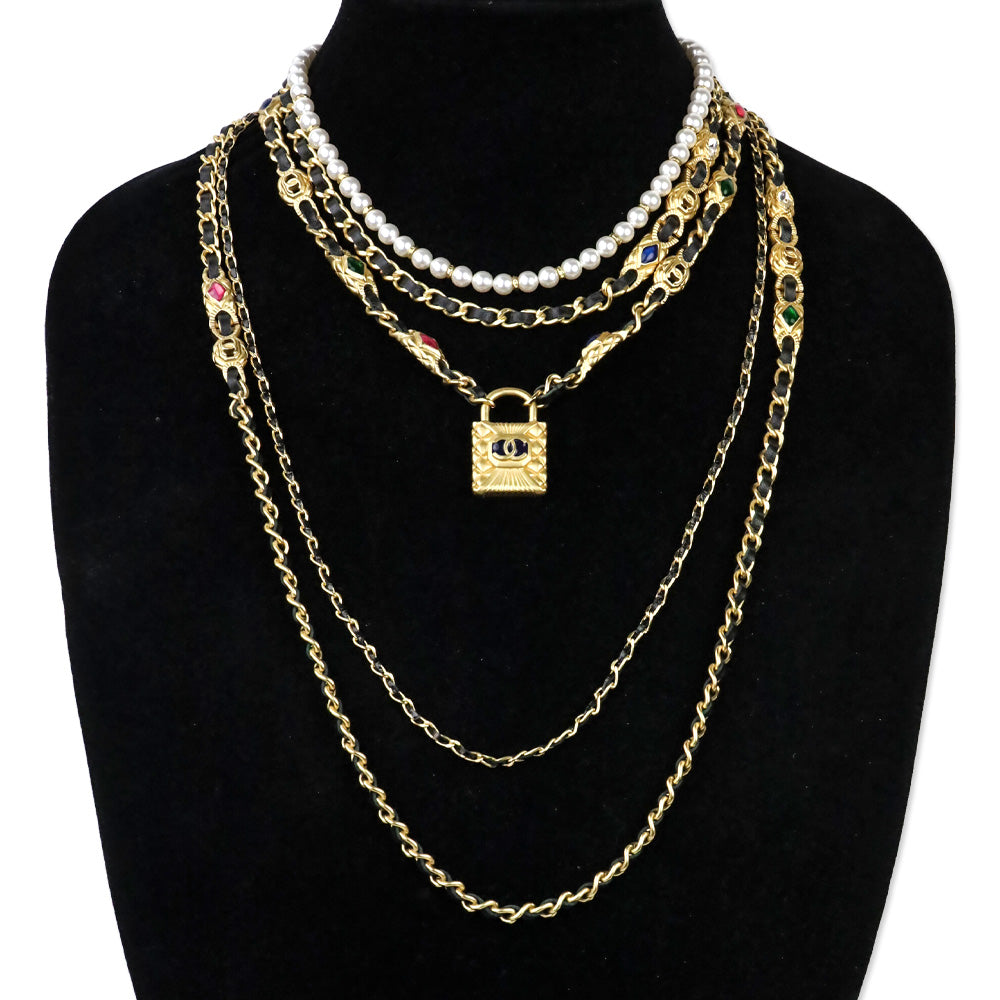Chanel 20A Gripoix Leather Gold-Tone Chain Multi-Strand Necklace