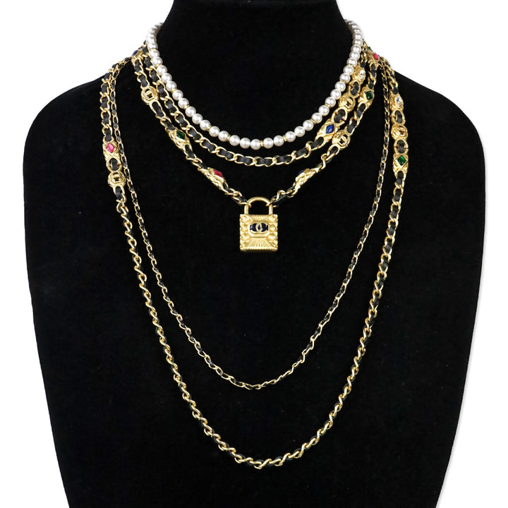Chanel 20A Gripoix Leather Gold-Tone Chain Multi-Strand Necklace