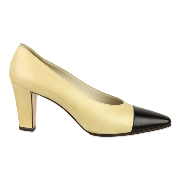 Chanel Beige Black Cap Pointed Toe Leather Pumps