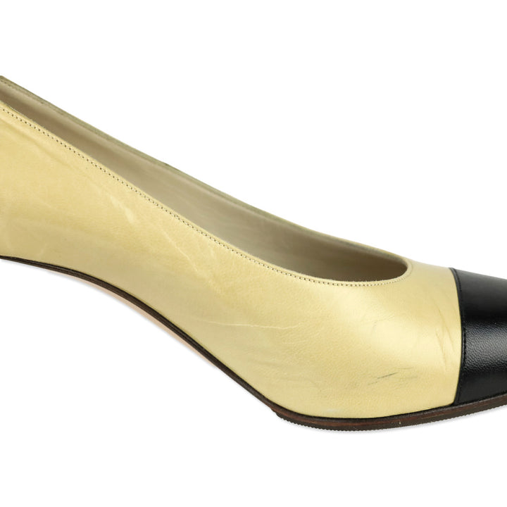 Chanel Beige Black Cap Pointed Toe Leather Pumps