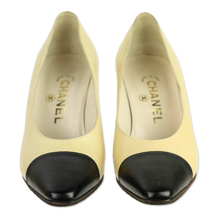 Chanel Beige Black Cap Pointed Toe Leather Pumps