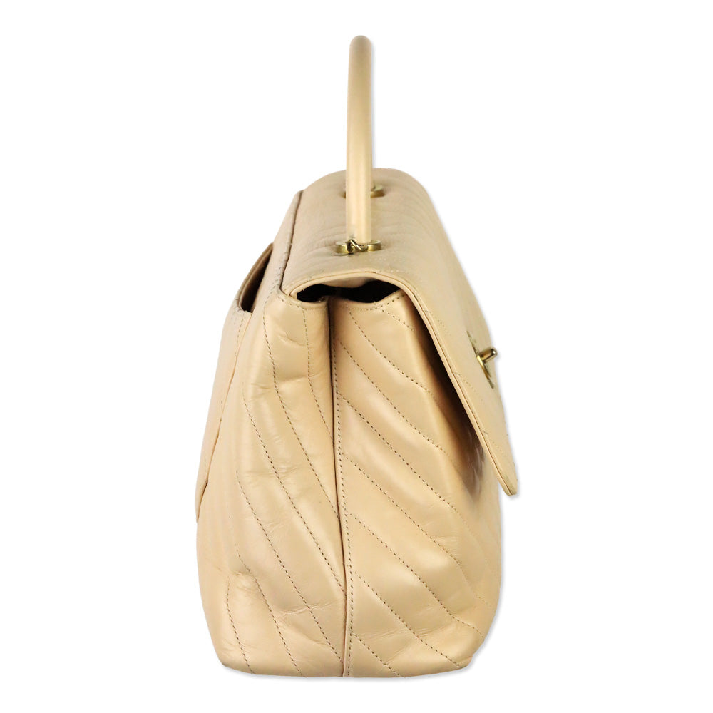 Chanel Beige Calfskin Chevron Quilted Medium Coco Handle Flap Bag