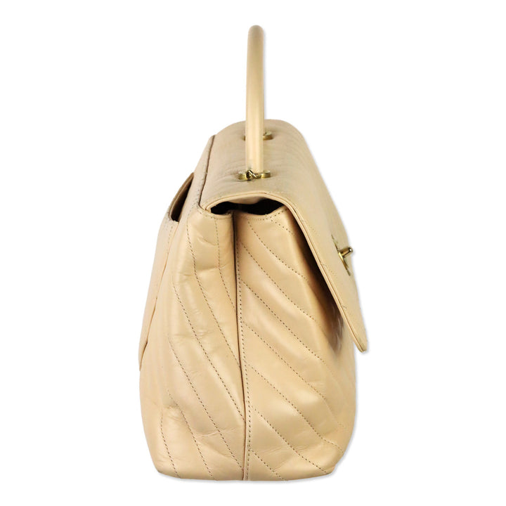 Chanel Beige Calfskin Chevron Quilted Medium Coco Handle Flap Bag