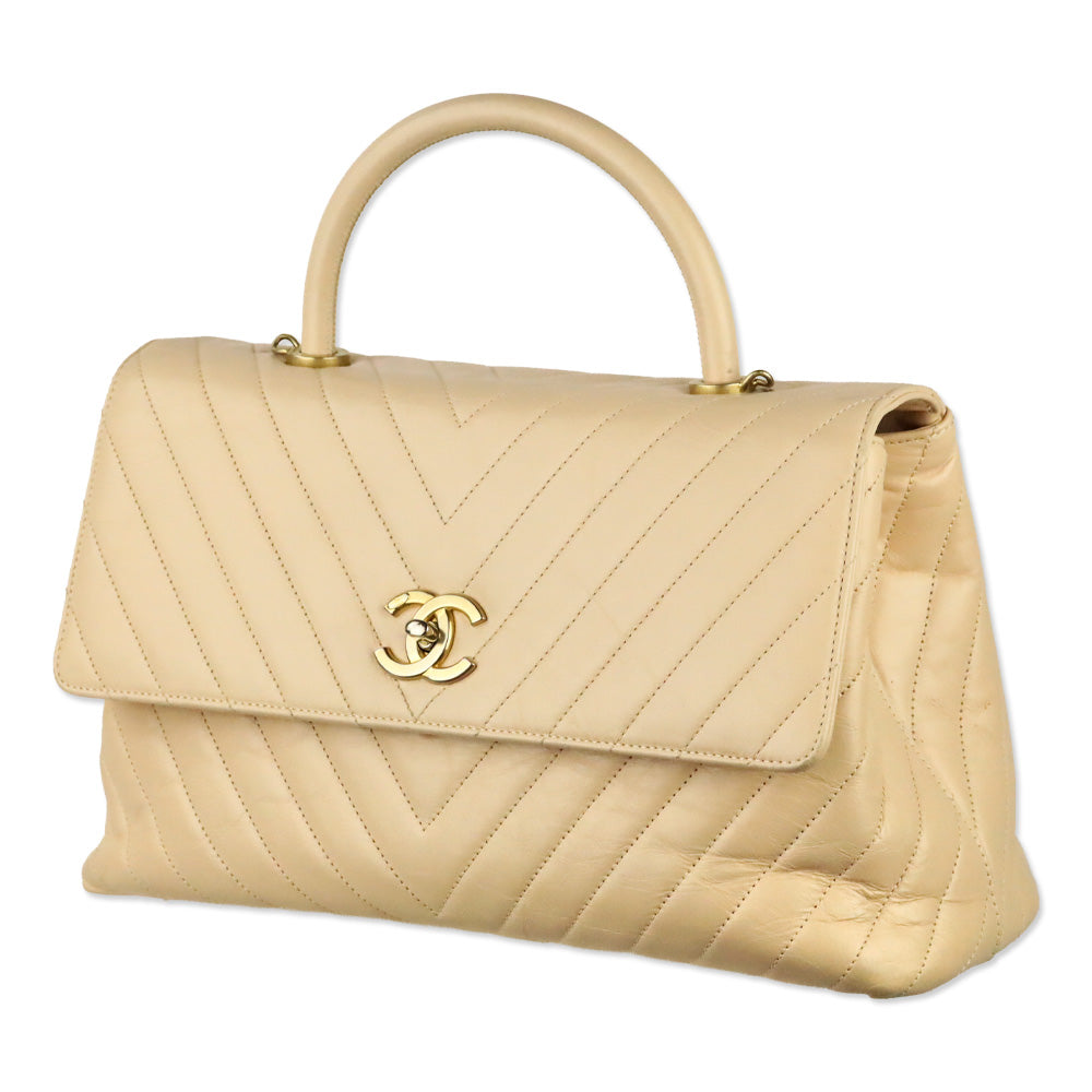 Chanel Beige Calfskin Chevron Quilted Medium Coco Handle Flap Bag