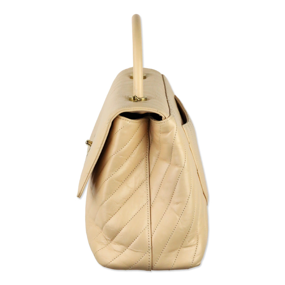 Chanel Beige Calfskin Chevron Quilted Medium Coco Handle Flap Bag