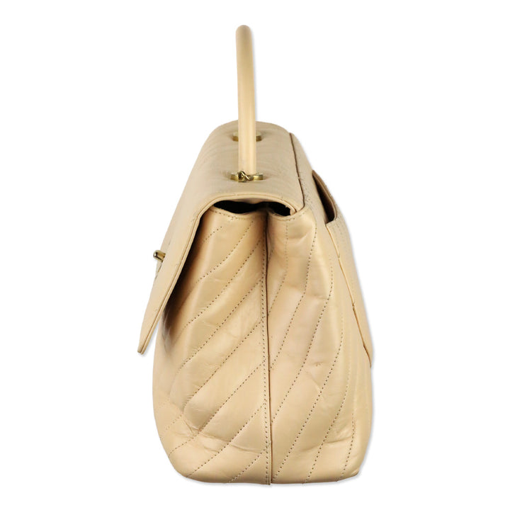 Chanel Beige Calfskin Chevron Quilted Medium Coco Handle Flap Bag