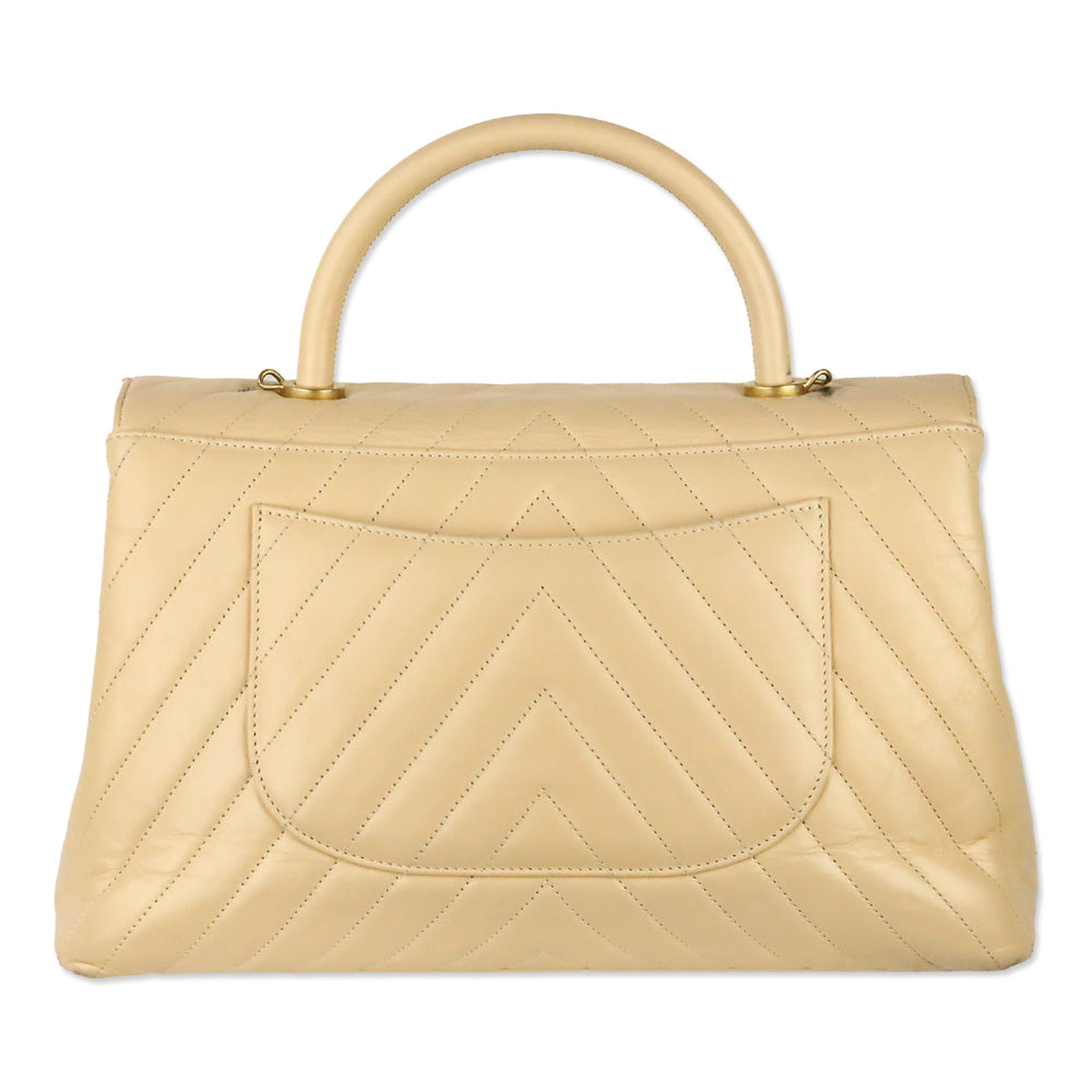 Chanel Beige Calfskin Chevron Quilted Medium Coco Handle Flap Bag