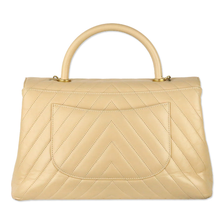 Chanel Beige Calfskin Chevron Quilted Medium Coco Handle Flap Bag