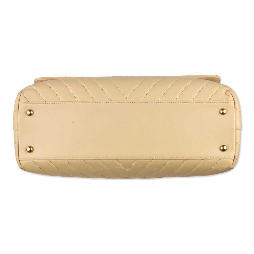 Chanel Beige Calfskin Chevron Quilted Medium Coco Handle Flap Bag