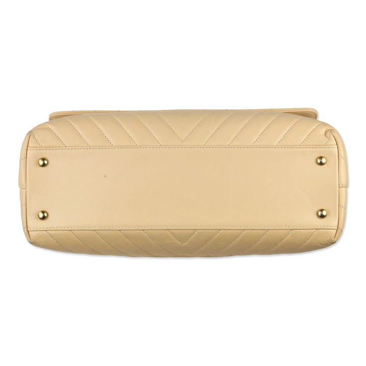 Chanel Beige Calfskin Chevron Quilted Medium Coco Handle Flap Bag