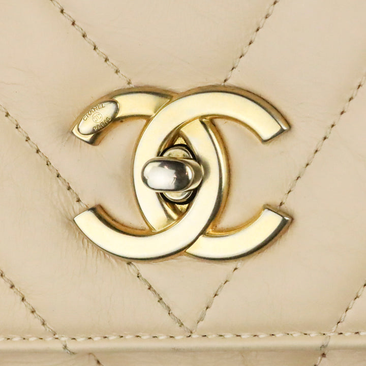 Chanel Beige Calfskin Chevron Quilted Medium Coco Handle Flap Bag