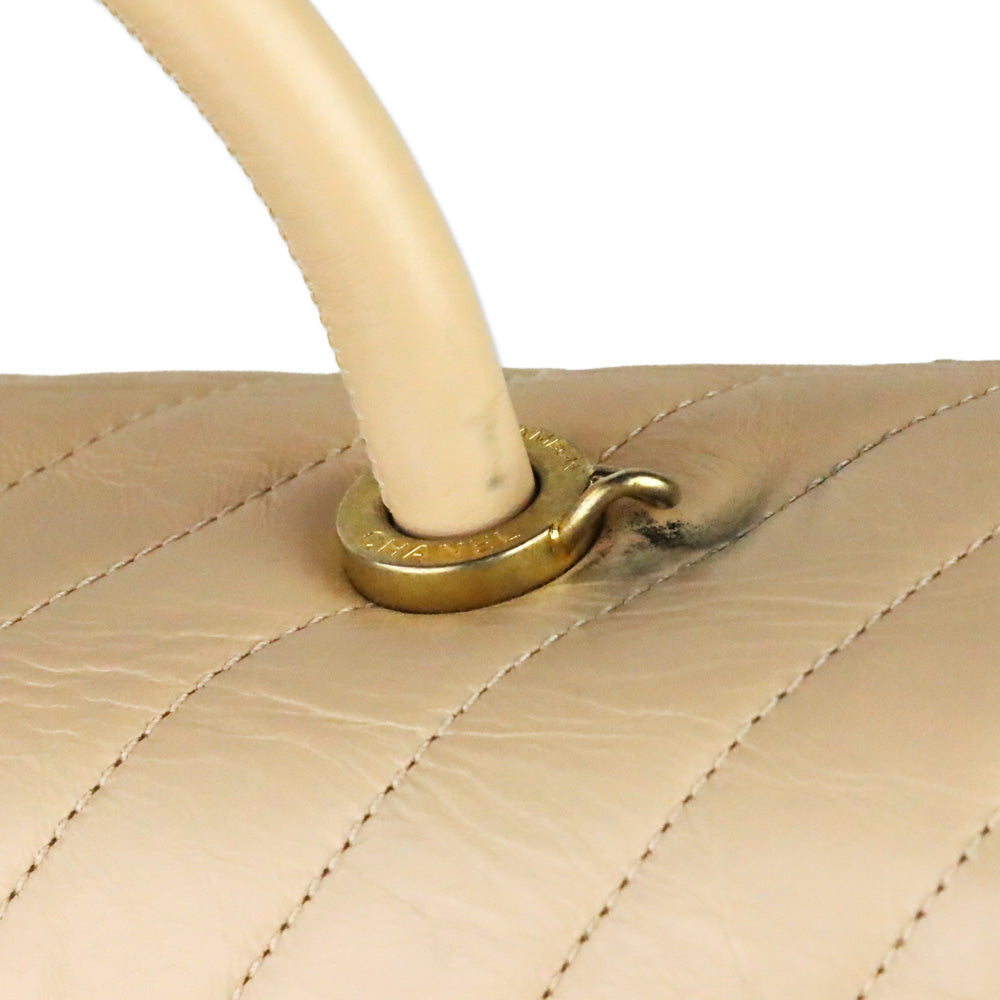 Chanel Beige Calfskin Chevron Quilted Medium Coco Handle Flap Bag