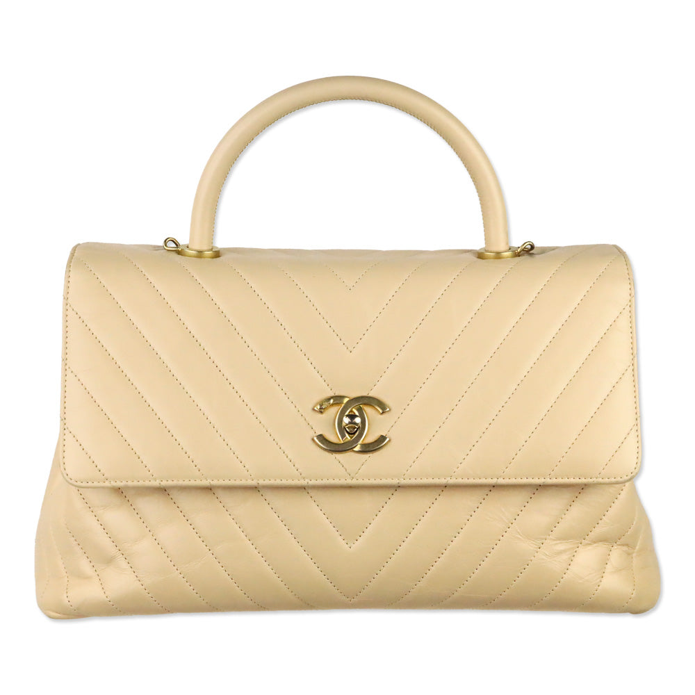 Chanel Beige Calfskin Chevron Quilted Medium Coco Handle Flap Bag