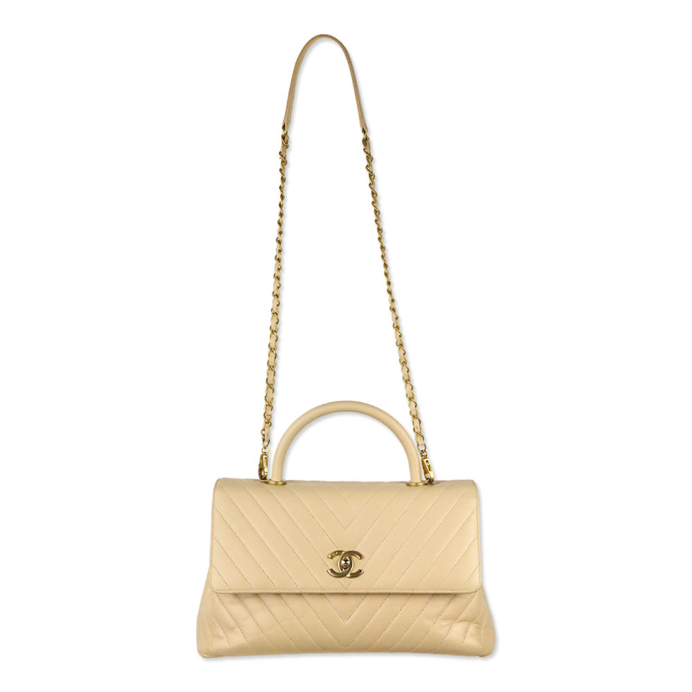 Chanel Beige Calfskin Chevron Quilted Medium Coco Handle Flap Bag