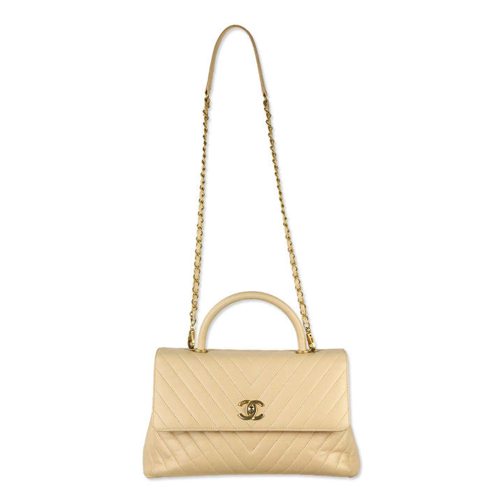 Chanel Beige Calfskin Chevron Quilted Medium Coco Handle Flap Bag