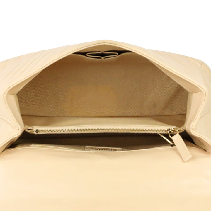Chanel Beige Calfskin Chevron Quilted Medium Coco Handle Flap Bag