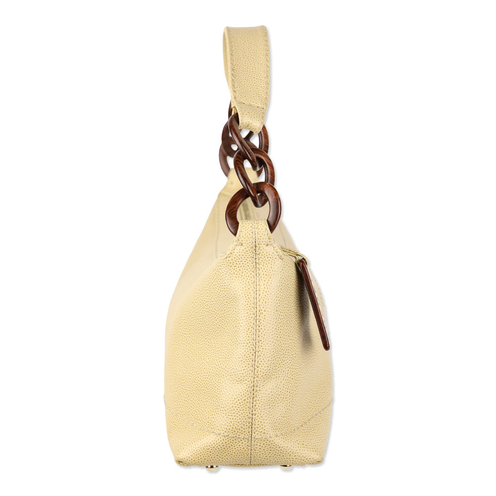 Chanel Beige Caviar Leather CC Wood Chain Hobo Bag