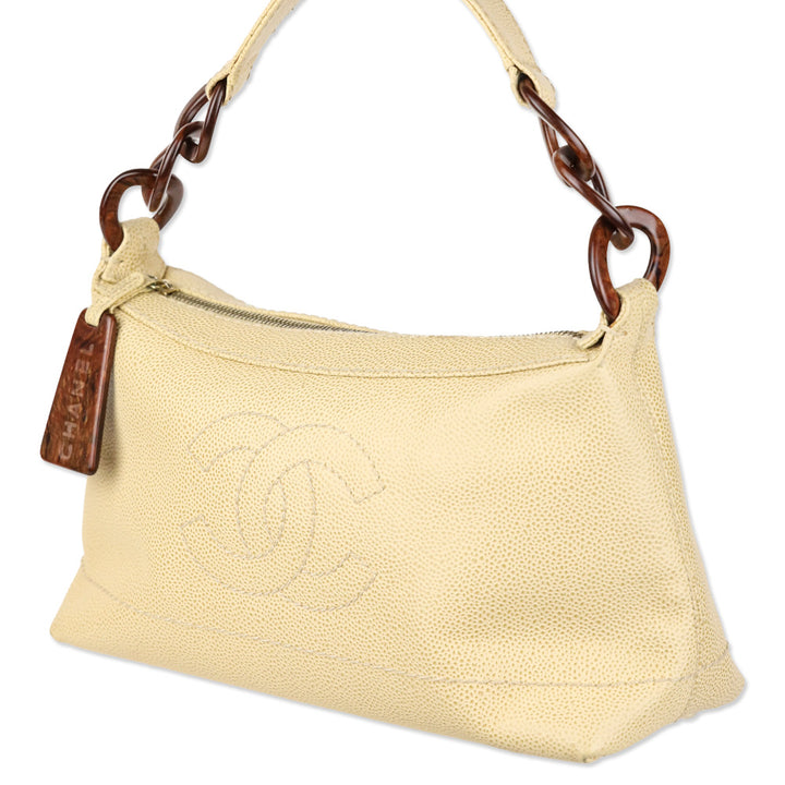 Chanel Beige Caviar Leather CC Wood Chain Hobo Bag